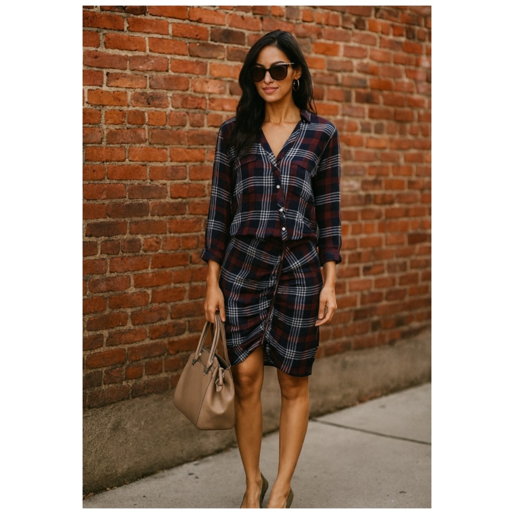 Veronica Beard Plaid Emory Ruched Zip Front Shirt Dress Red Blue Size 2